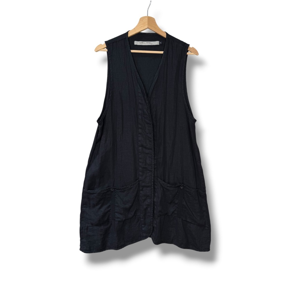 Cynthia Ashby Black Linen Longline Vest Dress Tunic Pockets Women's M Lagenlook
